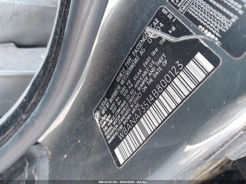 2004 BMW 530I VIN: WBANA73514B800123 Lot: 43151163