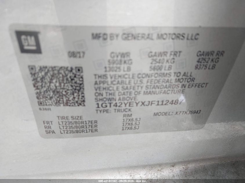 2018 GMC Sierra 3500Hd Denali VIN: 1GT42YEYXJF112487 Lot: 43151182