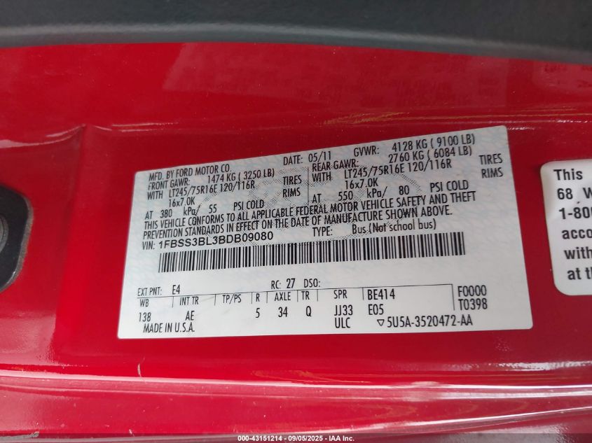 2011 Ford E-350 Super Duty Xl VIN: 1FBSS3BL3BDB09080 Lot: 43151214