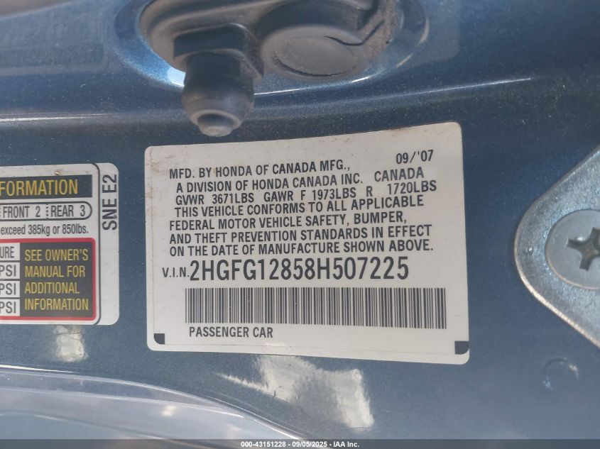 2008 Honda Civic Ex VIN: 2HGFG12858H507225 Lot: 43151228