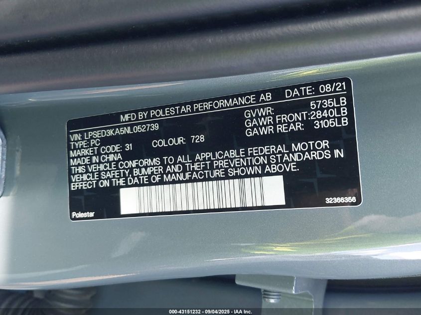 2022 Polestar 2 Long Range Dual Motor VIN: LPSED3KA5NL052739 Lot: 43151232