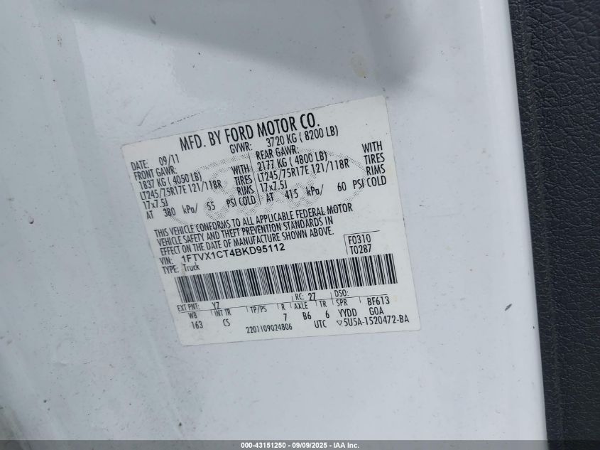 2011 Ford F-150 Xl VIN: 1FTVX1CT4BKD95112 Lot: 43151250