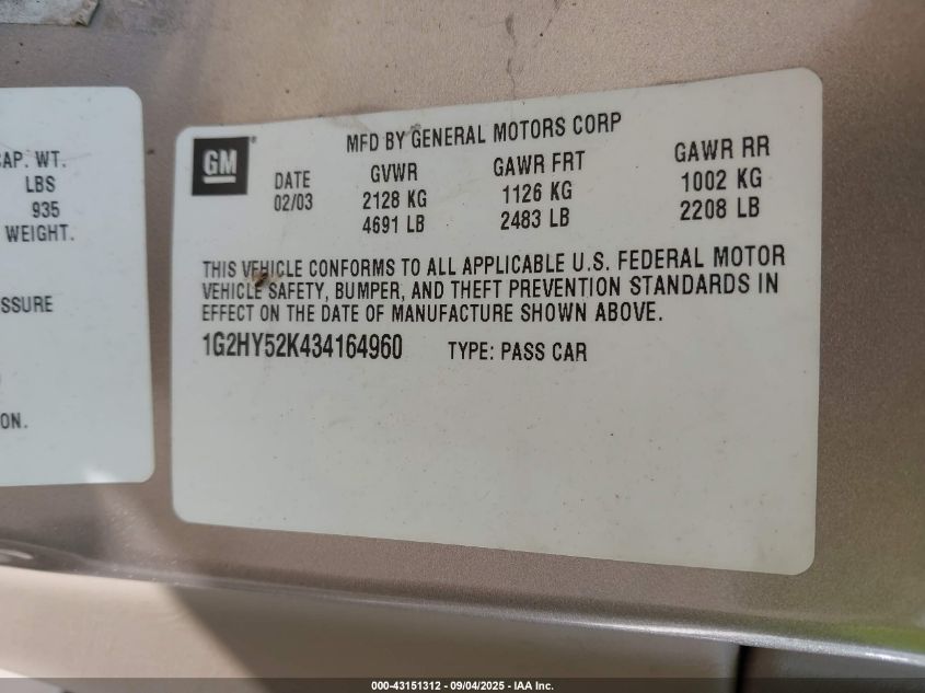 2003 Pontiac Bonneville Sle VIN: 1G2HY52K434164960 Lot: 43151312