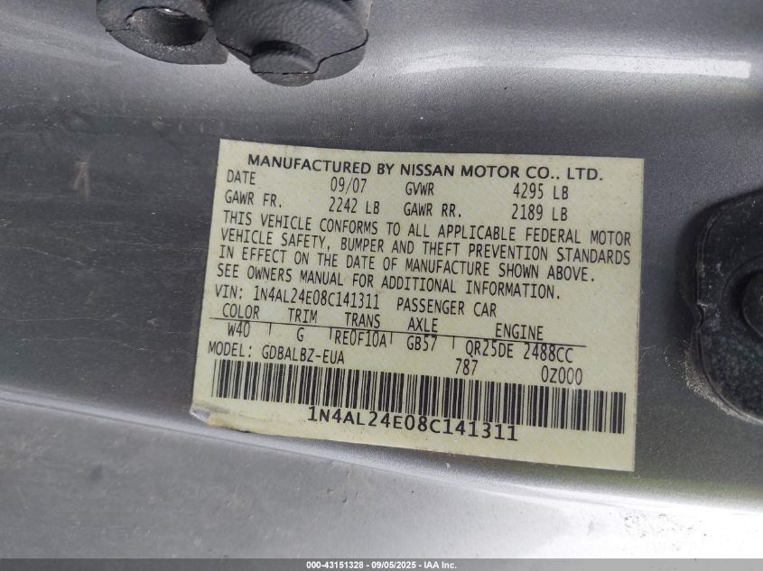 2008 Nissan Altima 2.5 S VIN: 1N4AL24E08C141311 Lot: 43151328
