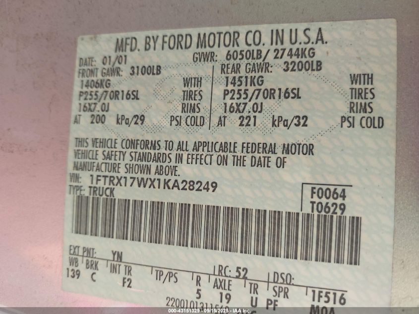 2001 Ford F-150 Lariat/Xl/Xlt VIN: 1FTRX17WX1KA28249 Lot: 43151329