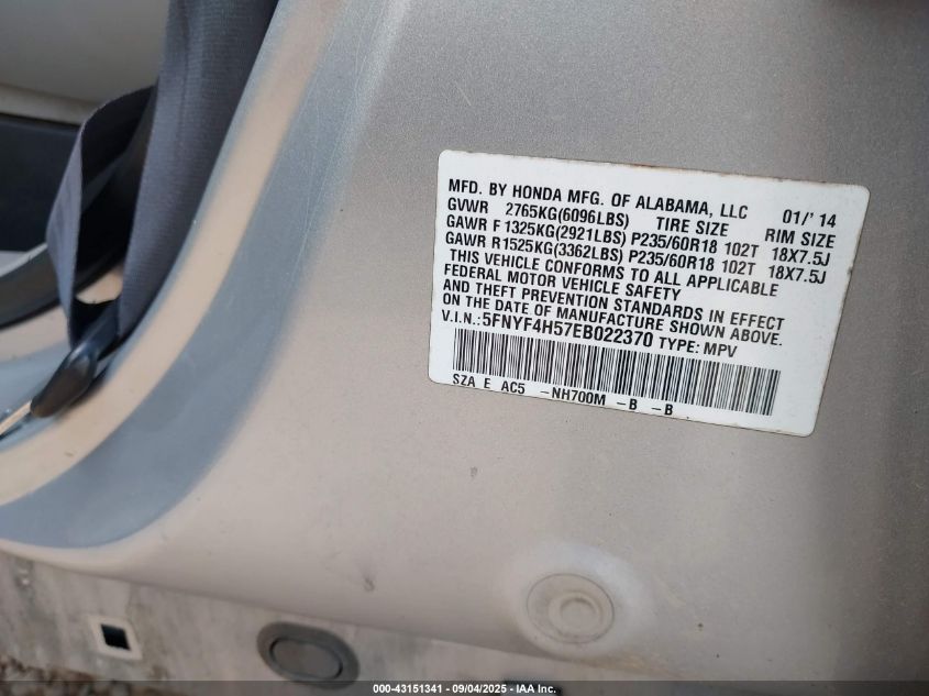 2014 Honda Pilot Ex-L VIN: 5FNYF4H57EB022370 Lot: 43151341