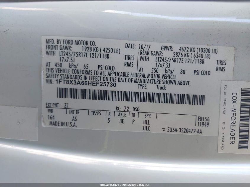 2017 Ford F-350 Xl VIN: 1FT8X3A66HEF25730 Lot: 43151379
