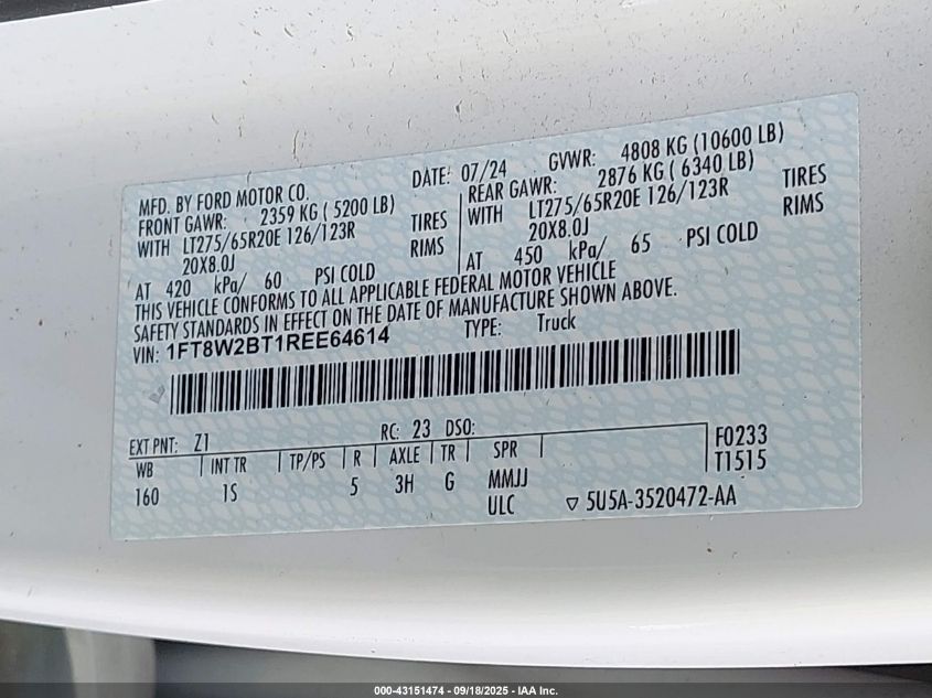 2024 Ford F-250 Xl VIN: 1FT8W2BT1REE64614 Lot: 43151474