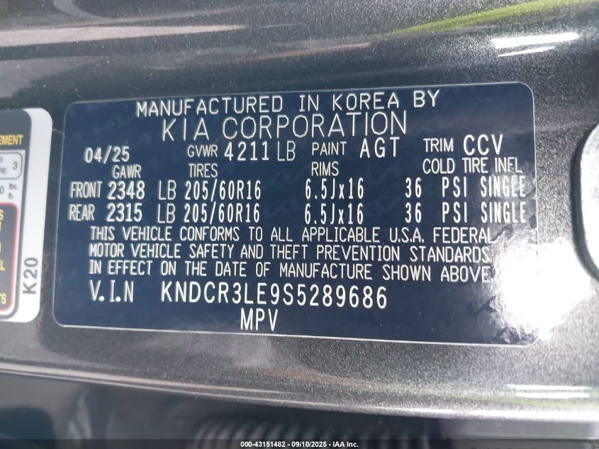 2025 Kia Niro Ex VIN: KNDCR3LE9S5289686 Lot: 43151482