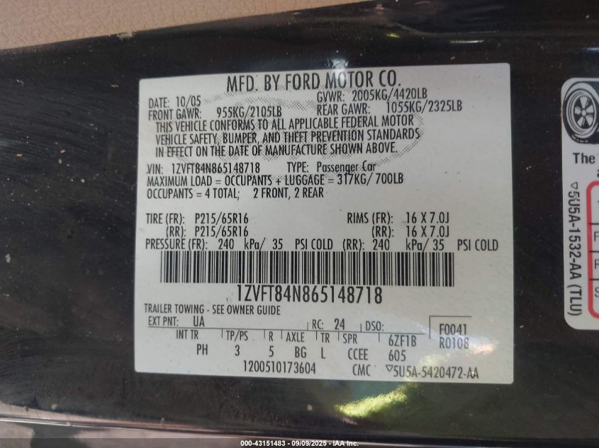 2006 Ford Mustang V6 VIN: 1ZVFT84N865148718 Lot: 43151483