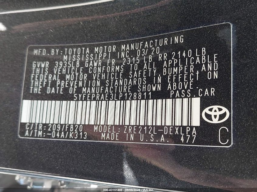 2020 Toyota Corolla Le VIN: 5YFEPRAE3LP128811 Lot: 43151488