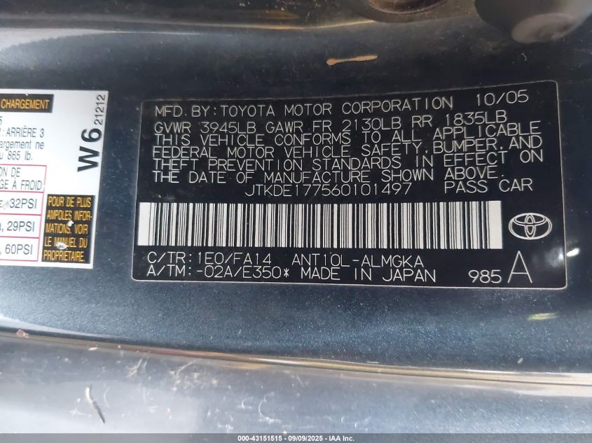 2006 Scion Tc VIN: JTKDE177560101497 Lot: 43151515