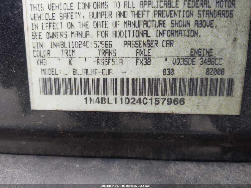 2004 Nissan Altima 3.5 Se VIN: 1N4BL11D24C157966 Lot: 43151517