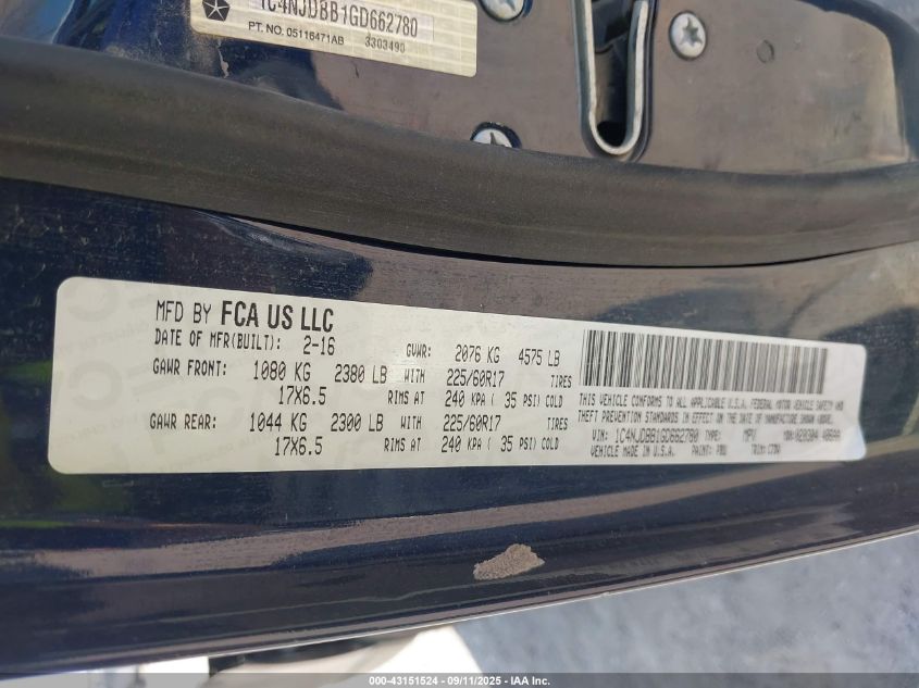 2016 Jeep Compass Sport VIN: 1C4NJDBB1GD662780 Lot: 43151524