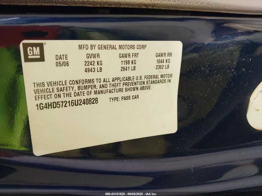 2006 Buick Lucerne Cxl VIN: 1G4HD57216U240828 Lot: 43151525