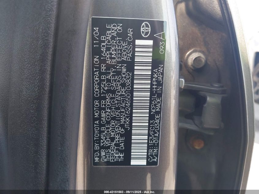 2005 Scion Xa VIN: JTKKT624650103832 Lot: 43151583