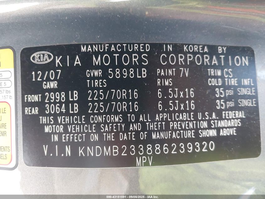 2008 Kia Sedona Lx VIN: KNDMB233886239320 Lot: 43151591