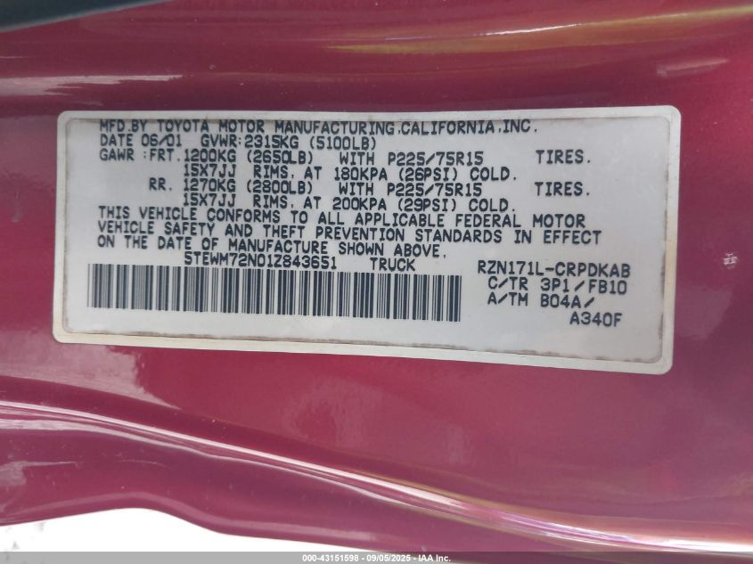 2001 Toyota Tacoma VIN: 5TEWM72N01Z843651 Lot: 43151598