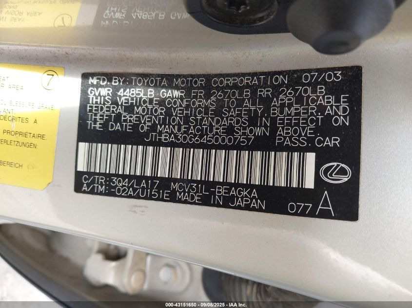 2004 Lexus Es 330 VIN: JTHBA30G645000757 Lot: 43151650