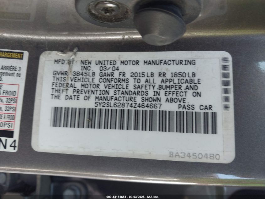 2004 Pontiac Vibe VIN: 5Y2SL62874Z464667 Lot: 43151651