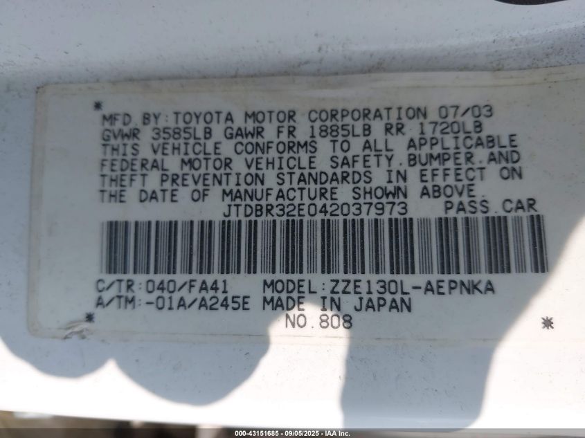 2004 Toyota Corolla Le VIN: JTDBR32E042037973 Lot: 43151685