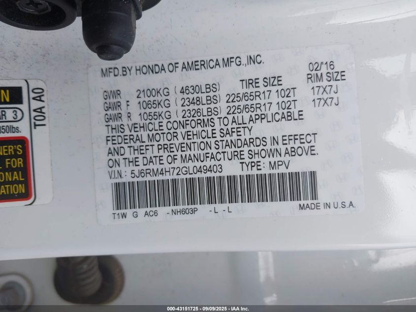 2016 Honda Cr-V Ex-L VIN: 5J6RM4H72GL049403 Lot: 43151725