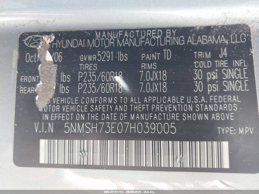 2007 Hyundai Santa Fe Limited/Se VIN: 5NMSH73E07H039005 Lot: 43151753
