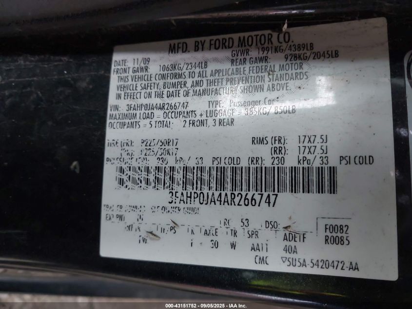 2010 Ford Fusion Sel VIN: 3FAHP0JA4AR266747 Lot: 43151752