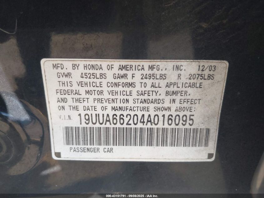 2004 Acura Tl VIN: 19UUA66204A016095 Lot: 43151791