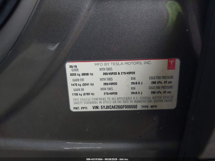 2016 Tesla Model X 60D/70D/75D/90D VIN: 5YJXCAE26GF006550 Lot: 43151804