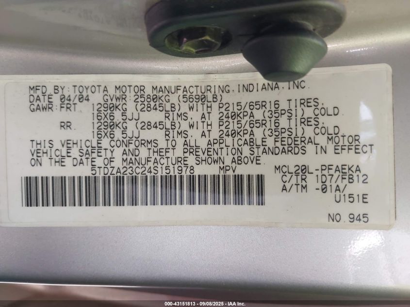 2004 Toyota Sienna Le VIN: 5TDZA23C24S151978 Lot: 43151813