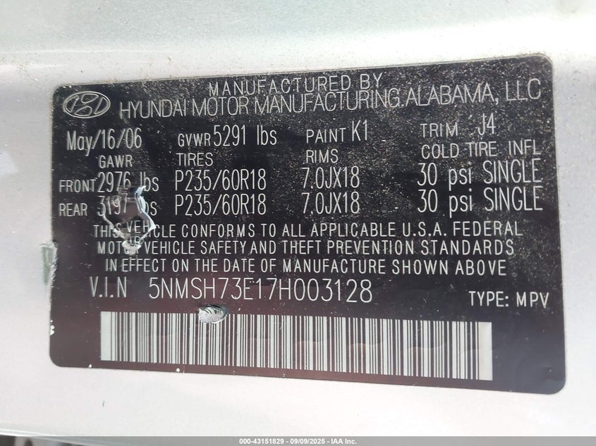 2007 Hyundai Santa Fe Limited/Se VIN: 5NMSH73E17H003128 Lot: 43151829