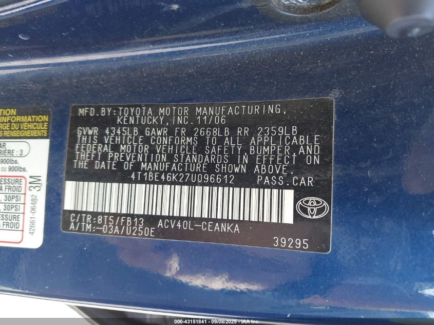 2007 Toyota Camry Ce VIN: 4T1BE46K27U096612 Lot: 43151841