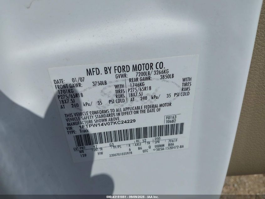 2007 Ford F-150 Fx4/Lariat/Xlt VIN: 1FTPW14V07KC24229 Lot: 43151851