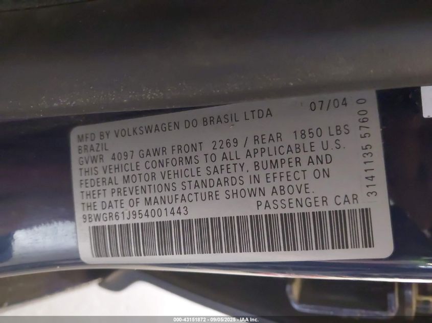 2005 Volkswagen Golf Gls Tdi VIN: 9BWGR61J954001443 Lot: 43151872