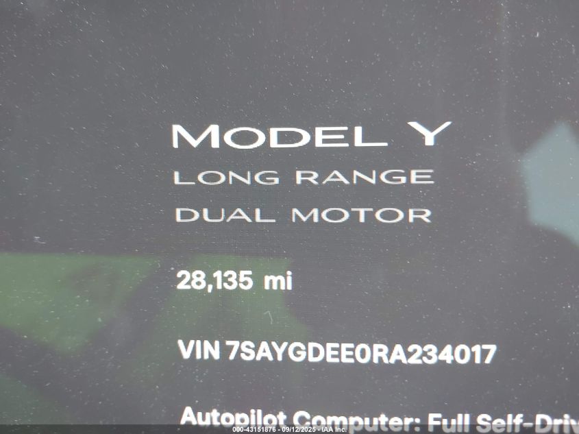2024 Tesla Model Y Long Range Dual Motor All-Wheel Drive VIN: 7SAYGDEE0RA234017 Lot: 43151876