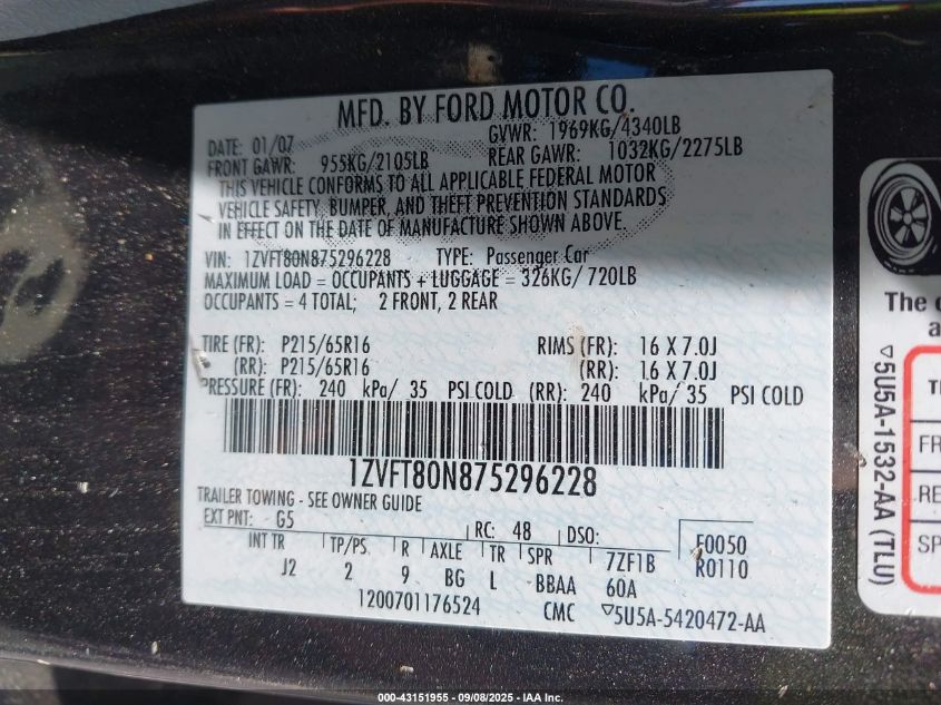 2007 Ford Mustang V6 Deluxe/V6 Premium VIN: 1ZVFT80N875296228 Lot: 43151955