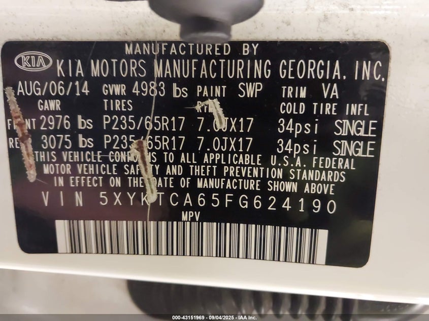 2015 KIA SORENTO LX - 5XYKTCA65FG624190