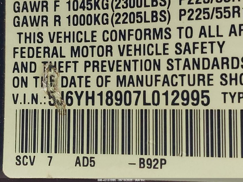 2007 Honda Element Sc VIN: 5J6YH18907L012995 Lot: 43151995