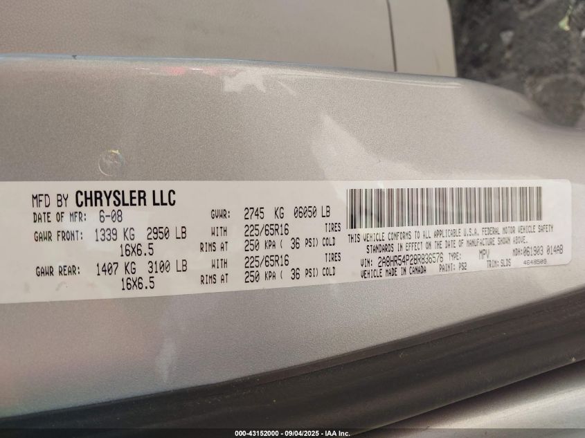 2008 Chrysler Town & Country Touring VIN: 2A8HR54P28R836576 Lot: 43152000