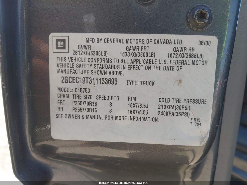 2001 Chevrolet Silverado 1500 Lt VIN: 2GCEC19T311133695 Lot: 43152044