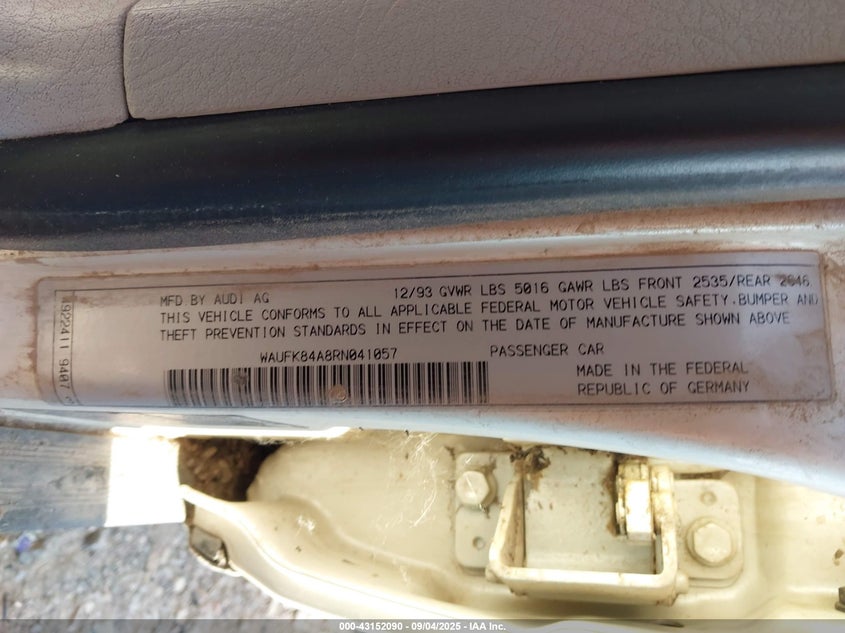 1994 Audi 100 Cs Quattro VIN: WAUFK84A8RN041057 Lot: 43152090