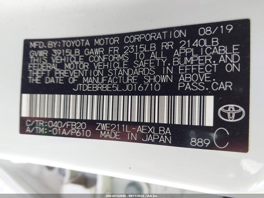 2020 TOYOTA COROLLA HYBRID LE - JTDEBRBE5LJ016710