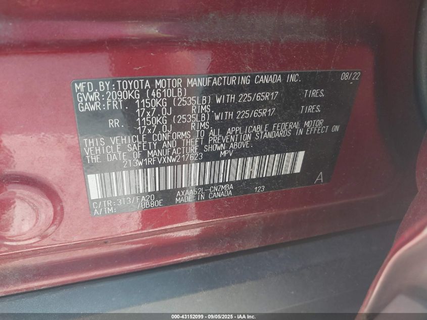 2022 Toyota Rav4 Xle VIN: 2T3W1RFVXNW217623 Lot: 43152099