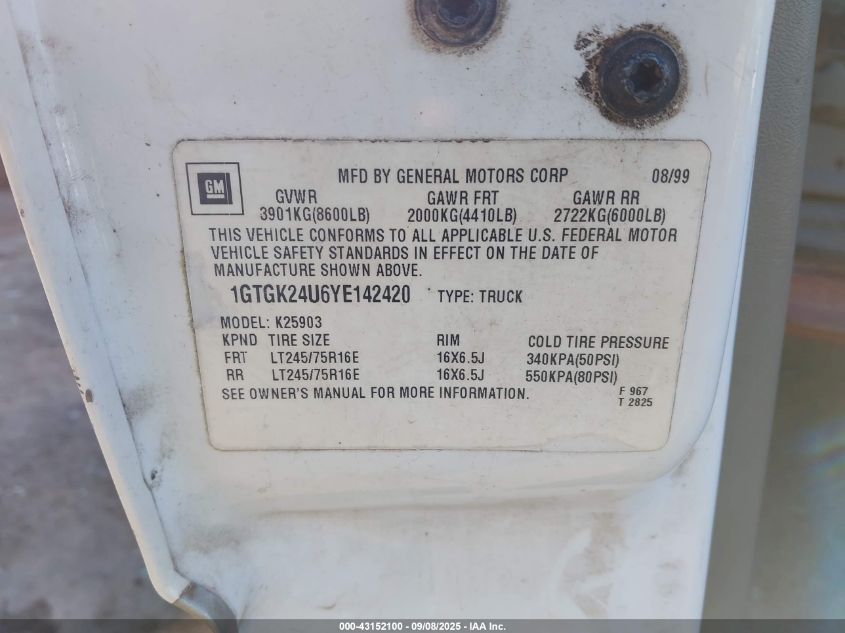 2000 GMC Sierra 2500 Sle VIN: 1GTGK24U6YE142420 Lot: 43152100