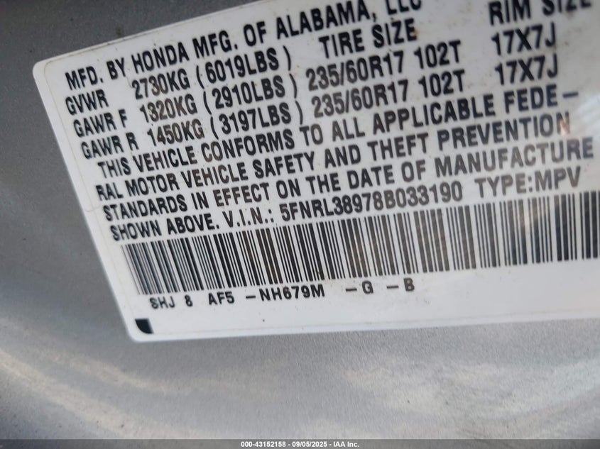 2008 Honda Odyssey Touring VIN: 5FNRL38978B033190 Lot: 43152158