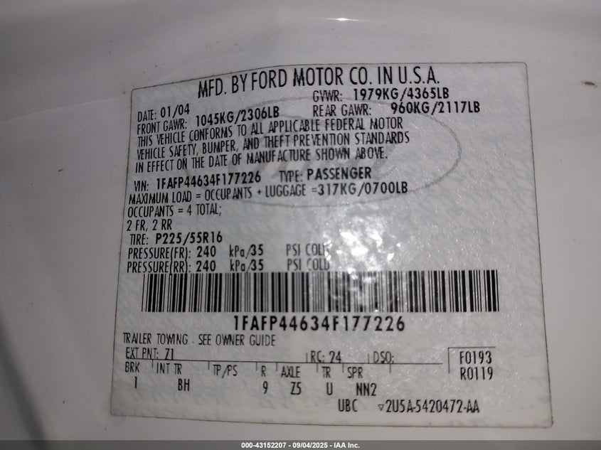 2004 Ford Mustang VIN: 1FAFP44634F177226 Lot: 43152207