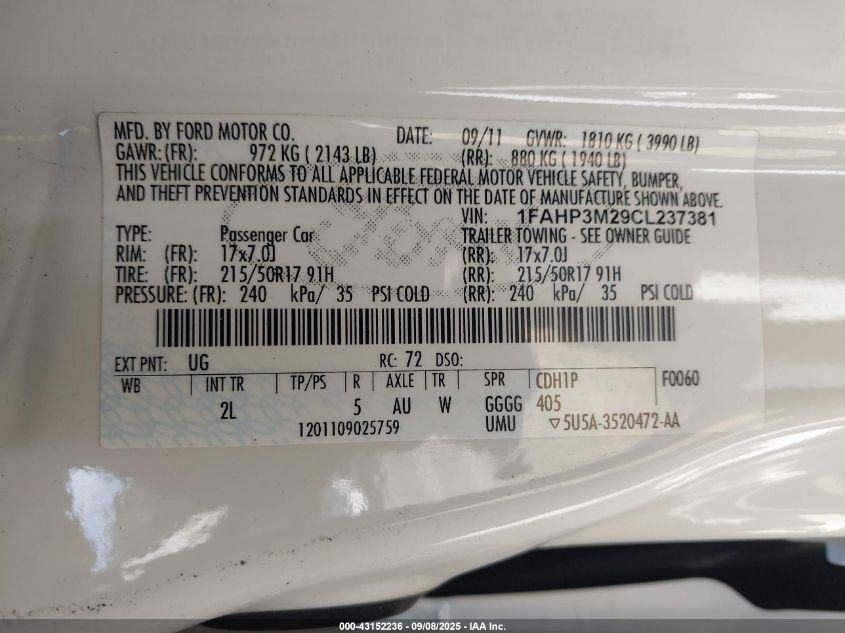 2012 Ford Focus Sel VIN: 1FAHP3M29CL237381 Lot: 43152236