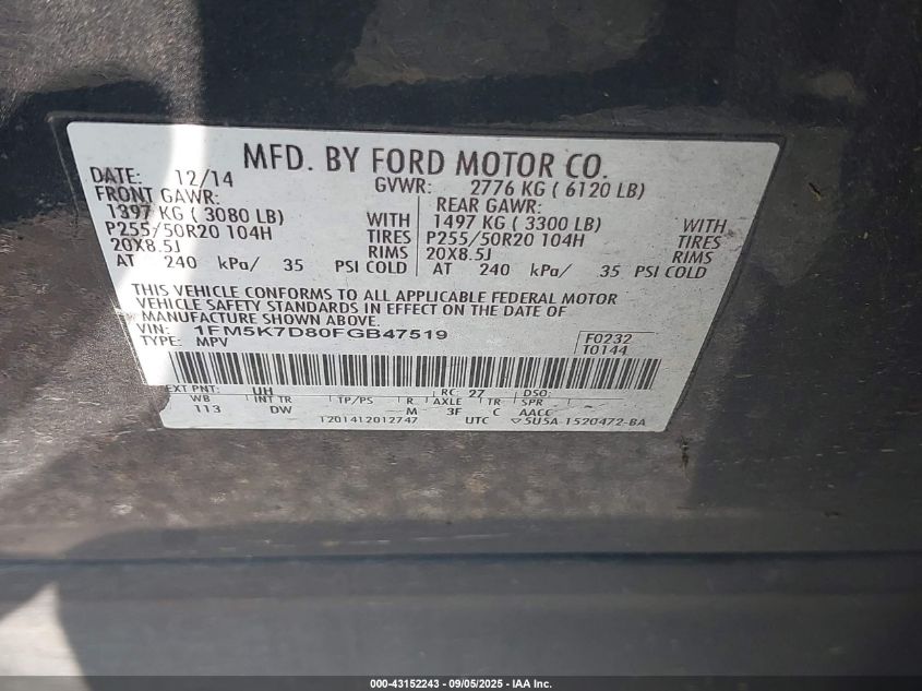 2015 Ford Explorer Xlt VIN: 1FM5K7D80FGB47519 Lot: 43152243