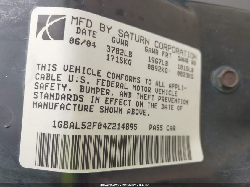 2004 Saturn Ion 3 VIN: 1G8AL52F04Z214895 Lot: 43152252